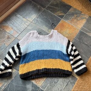 Blank NYC Striped Colorblock Crew Sweater in Black, White, Blue & Mustard